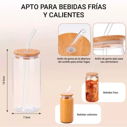 Vaso de Vidrio con Tapa de Bambú - 500ml - Imagen 5